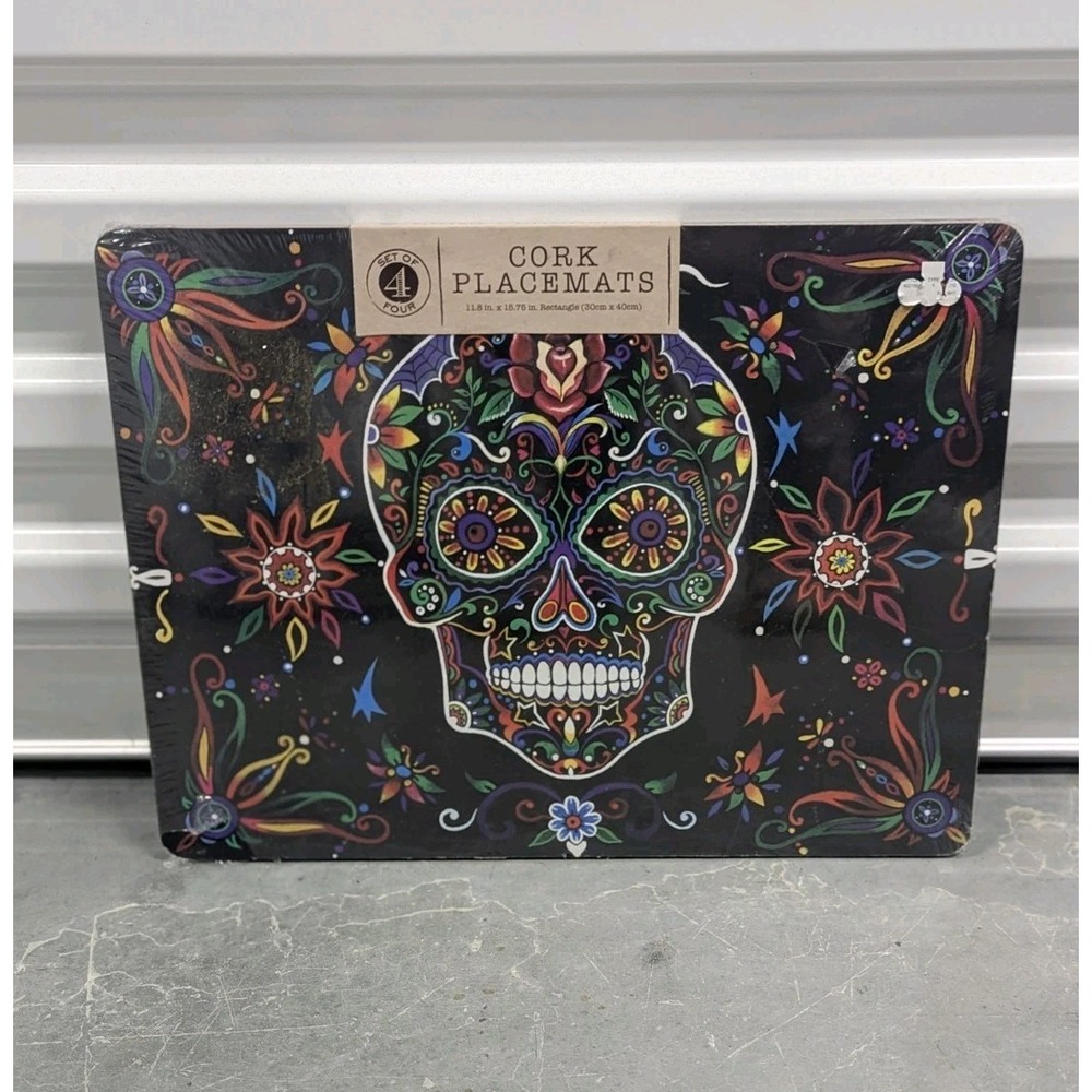 Day of the Dead Sugar Skull Cork Placemats Set of 4 Halloween Goth NIP